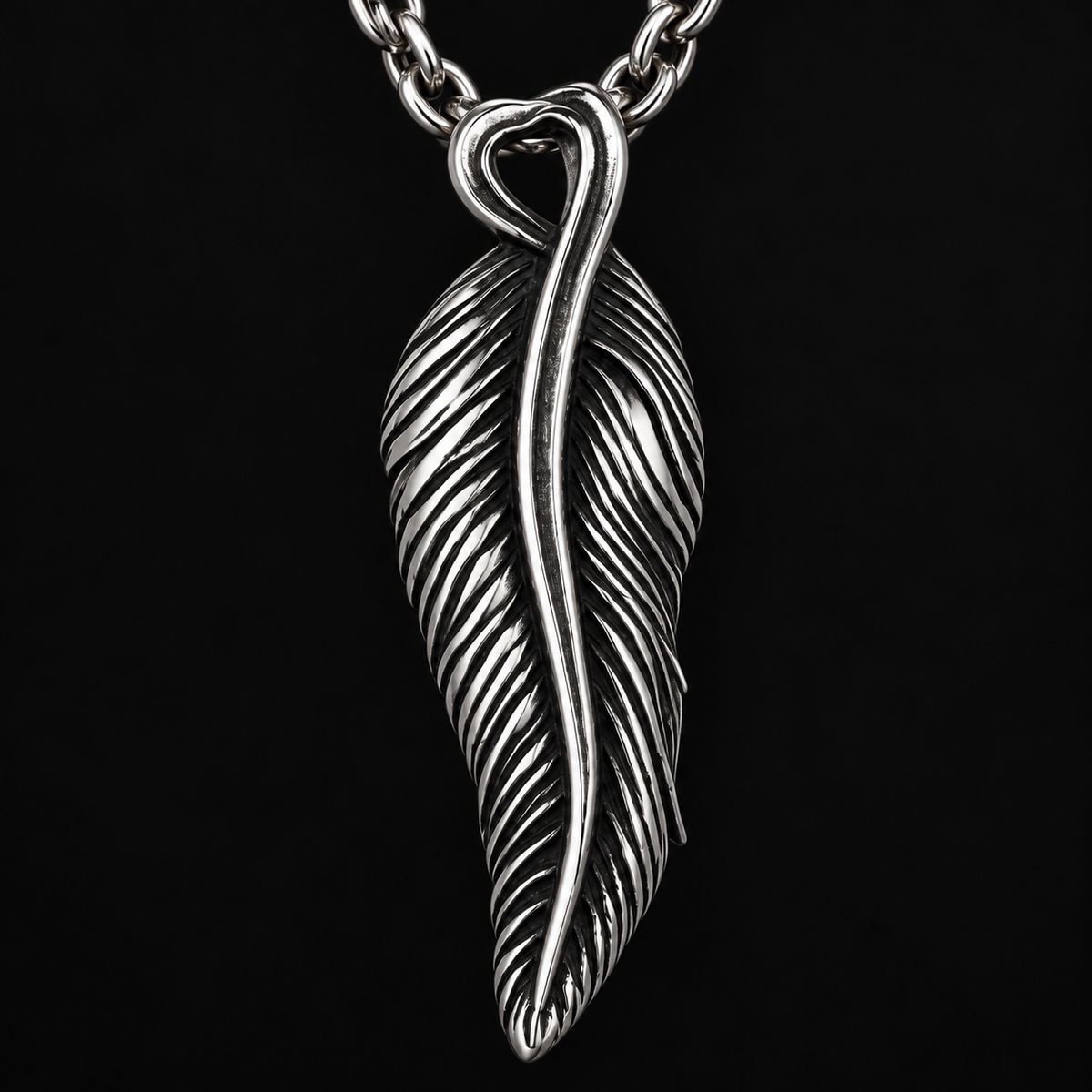 Stainless Steel Feather Pendant Necklace for Men – Antique Silver Quill Pendant on Cable Chain