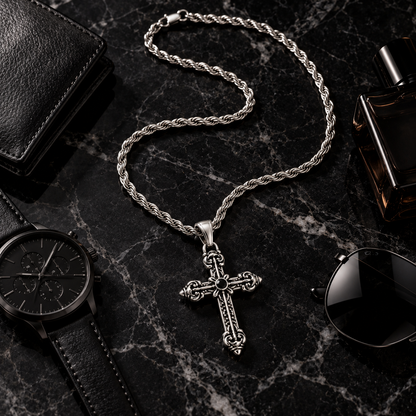 Gothic Fleur-de-Lis Cross Pendant with Black Stone, Stainless Steal Rope Chain Necklace for Men