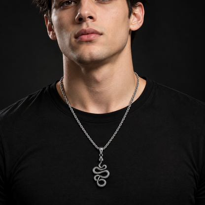 Silver Stainless Steal Snake Pendant Necklace for Men – Antique Serpent Pendant with Rope Chain