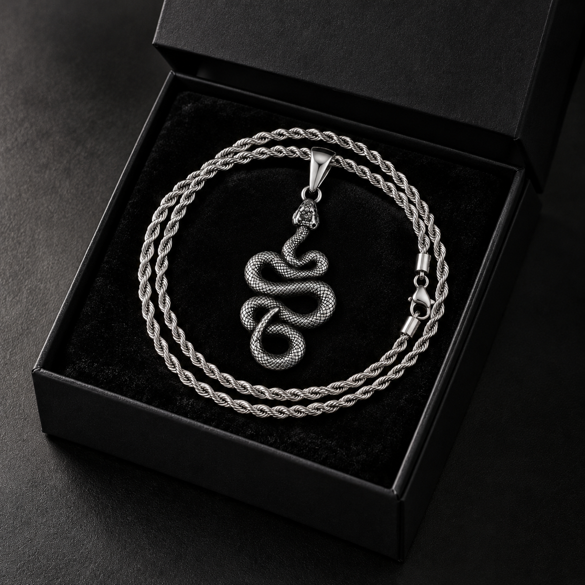 Silver Stainless Steal Snake Pendant Necklace for Men – Antique Serpent Pendant with Rope Chain